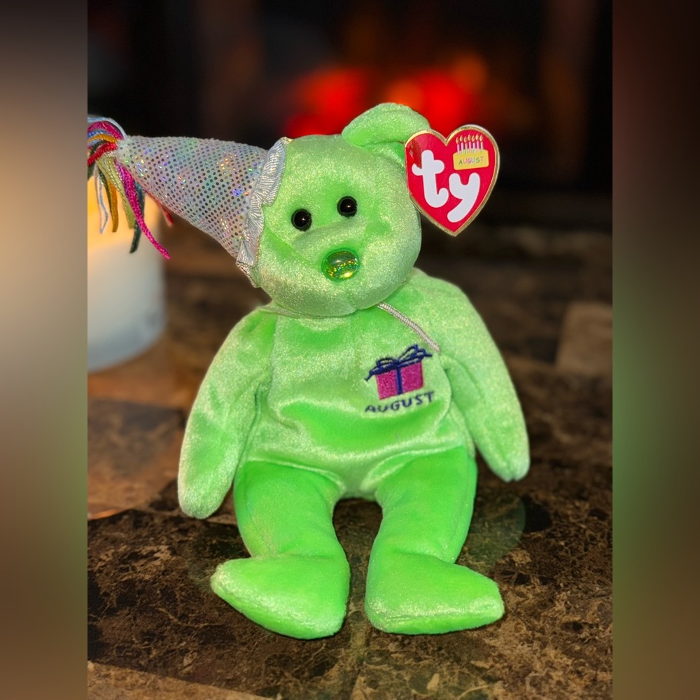 🎉 TY Birthday Beanie Baby August Bear Sparkle Party Hat Plush